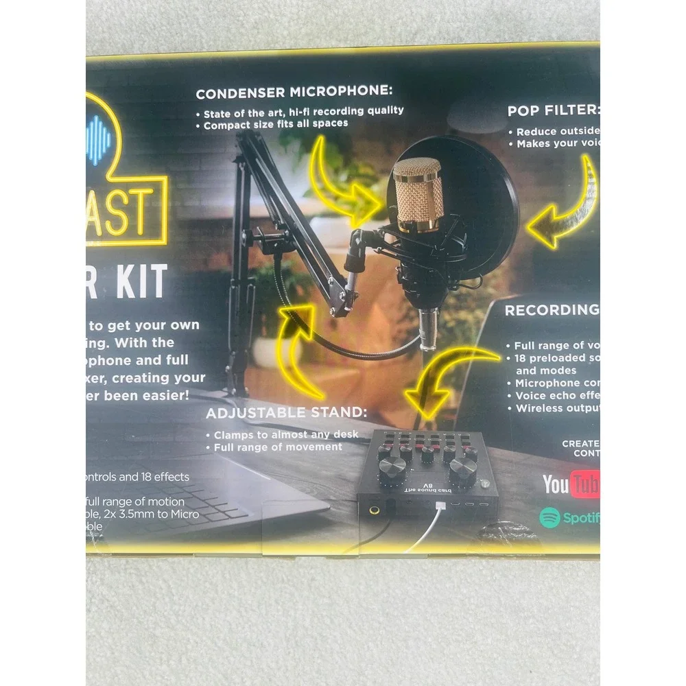 Sarina Podcast Starter Kit Black Gold Condenser Mic V8‎ Mixer Stand NEW